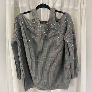 XL Gray Cold Shoulder Pearled Sweater